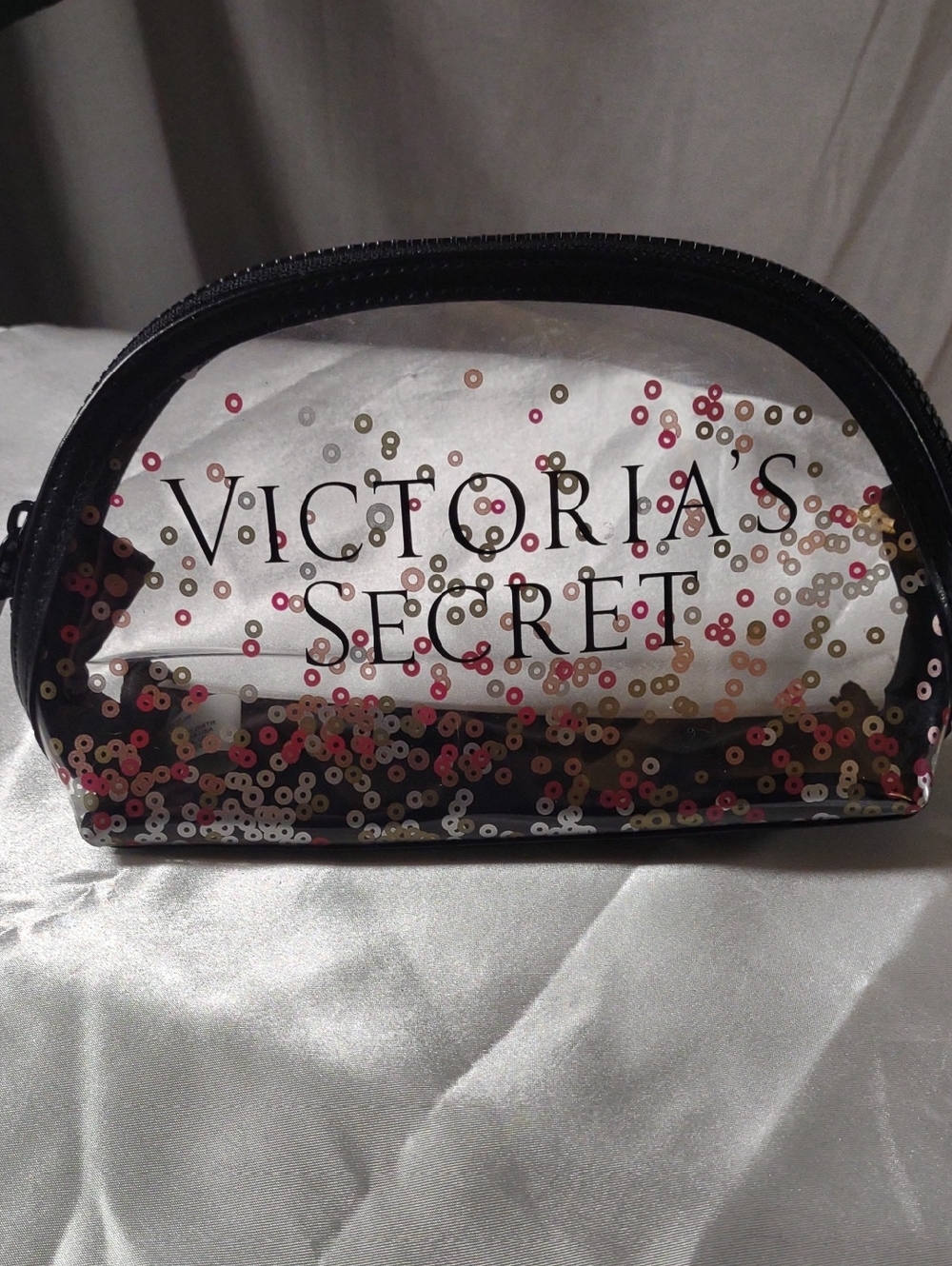 NWOT Victoria's Secret Clear Makeup/Travel Pouch w/ Pink, Gold & Silver Sequins